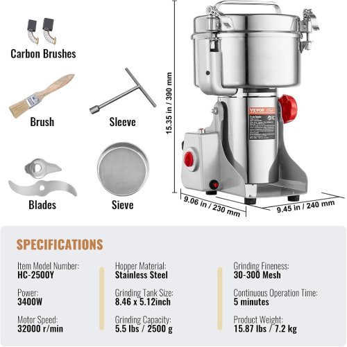 VEVOR 1500W Electric Grain Mill Grinder – Silver (Like New) - F699 - Image 3