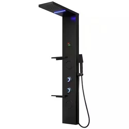 BWE 2-Jet Rainfall Shower Panel with LED Light & Shelf, Matte Black (Like New) - F709