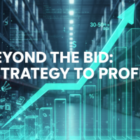 A futuristic warehouse interior with glowing blue data visualizations, including an upward-trending profit graph, representing strategic growth in B2B liquidation sourcing.