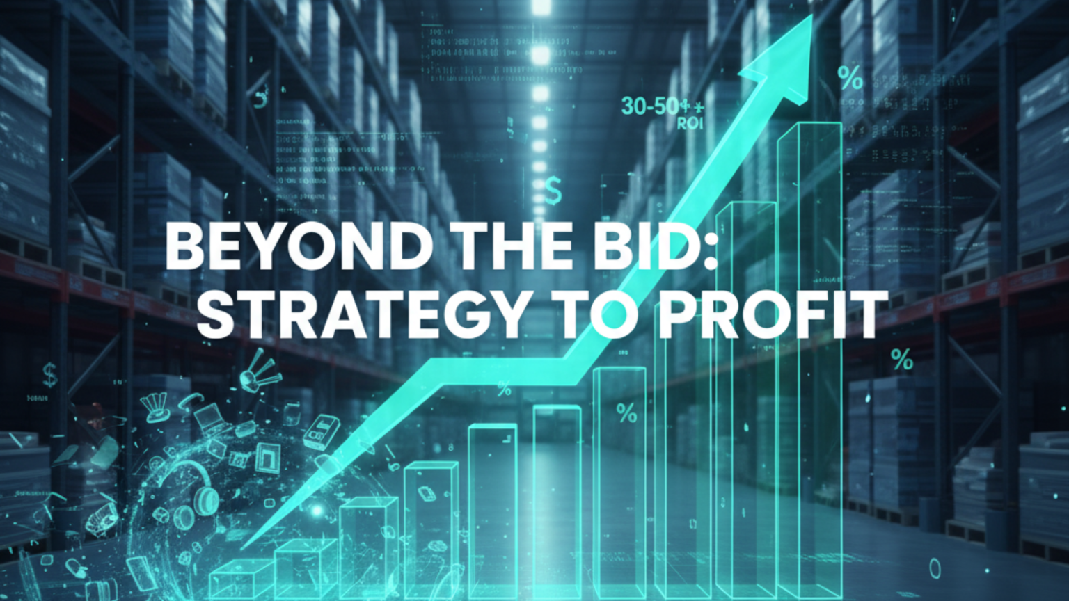 A futuristic warehouse interior with glowing blue data visualizations, including an upward-trending profit graph, representing strategic growth in B2B liquidation sourcing.