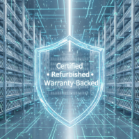 Digital warehouse showing rows of glowing refurbished smartphones and tablets with a central shield displaying 'Certified • Refurbished • Warranty-Backed,' symbolizing reliable bulk tech for businesses.