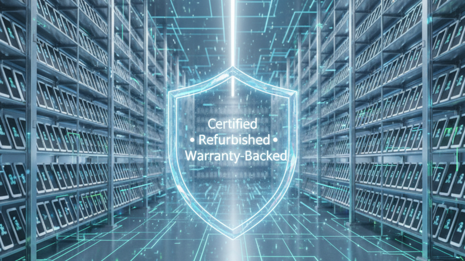 Digital warehouse showing rows of glowing refurbished smartphones and tablets with a central shield displaying 'Certified • Refurbished • Warranty-Backed,' symbolizing reliable bulk tech for businesses.