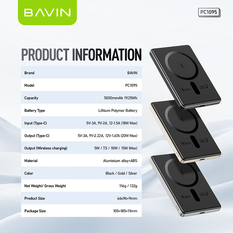 BAVIN PC1095 5000mAh 15W Ultra-Thin Wireless Charger Power Bank - Image 9