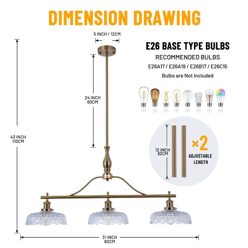 EFPERFECT Vintage Brass Gold 3-Light Chandelier | Modern Pendant Ceiling Light - Used - Image 3
