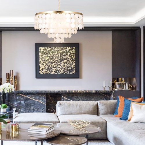 ALICE HOUSE AL2608-P5 24" Coastal Chandelier | 5-Light Brushed Brass Capiz Shell Ceiling Light - Used - Image 5