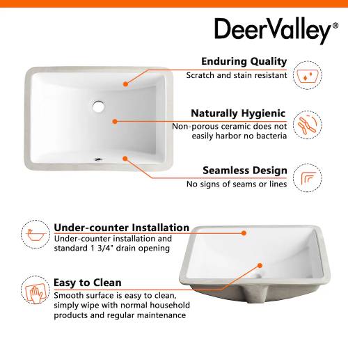 DeerValley 21-Inch Undermount Bathroom Sink with Overflow – White - F760 - Image 7