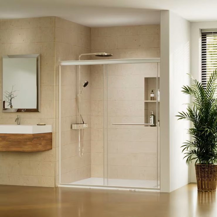 ES-DIY 56-60 in. W x 70 in. H Sliding Framed Shower Door with Clear Glass in Brushed Nickel