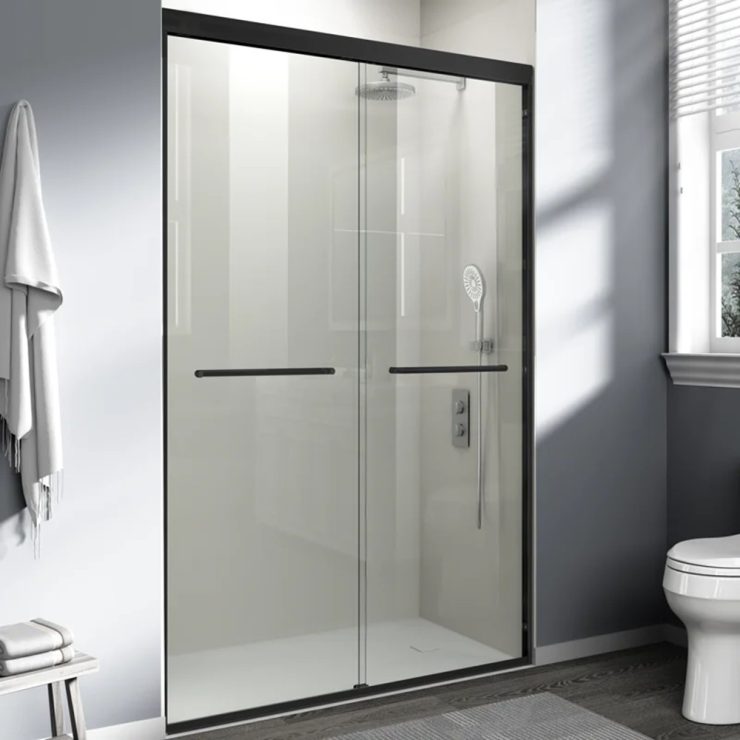 44–48 in. W x 72 in. H Double Sliding Shower Door with 1/4 in. Tempered Glass and Towel Bars in Matte Black