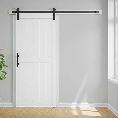 LDB-Building 60 × 84 in. Paneled Wood Barn Door with Hardware, White - F690