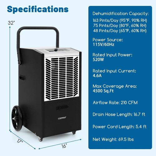 COSTWAY 163 Pint Commercial Dehumidifier with Pump, 4500 Sq. Ft. - Image 4