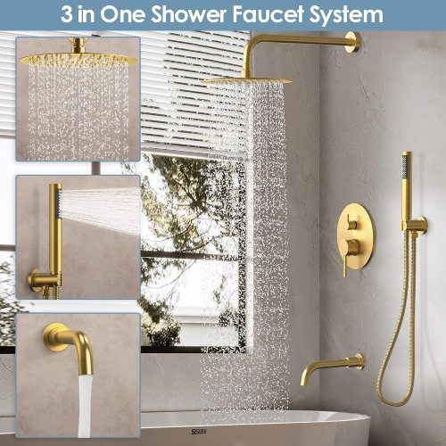 EVERSTEIN 3-Function Shower System with Tub Spout Brushed Gold