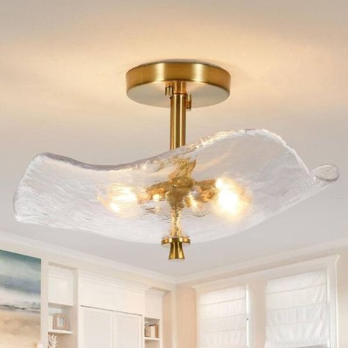 Modern 17-Inch 2-Light Gold Semi-Flush Mount Ceiling Light with Water Ripple Glass Shade - P11