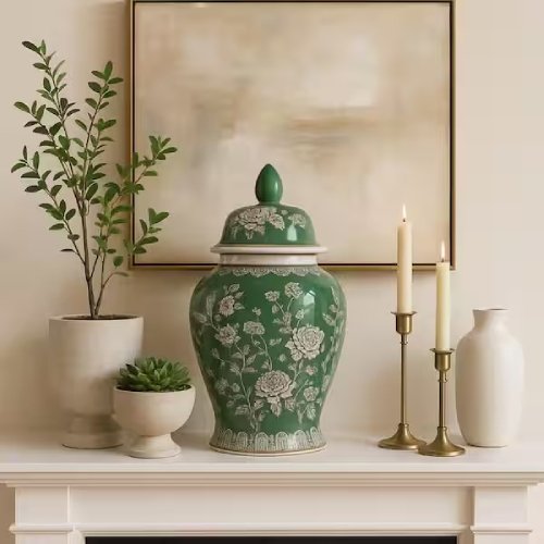 18.25" Green/Brown Ceramic Bird & Flower Temple Jar - P31