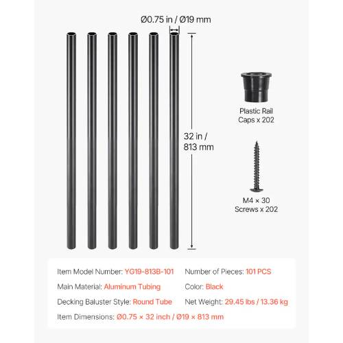 VEVOR 101-Pack 32" Aluminum Staircase Balusters, Round Black Spindles - P43 - Image 4