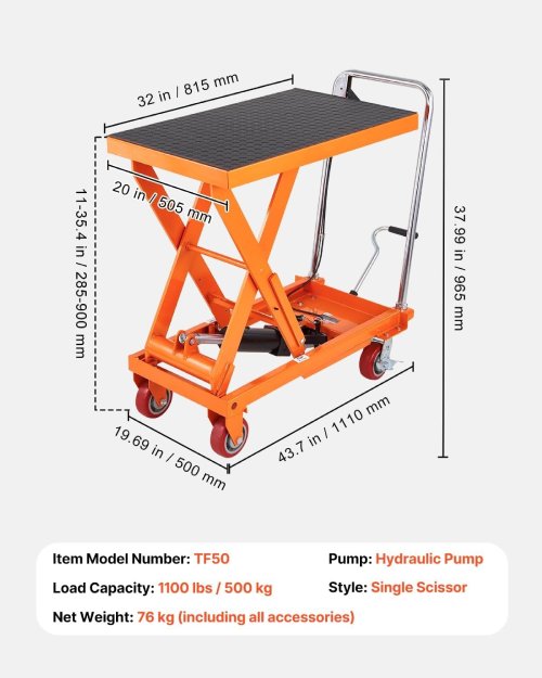 VEVOR 499 kg Hydraulic Lift Table Cart, 28-90 cm Scissor Lift - P44 - Image 5