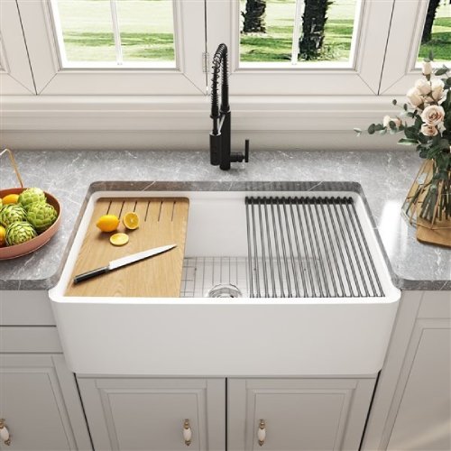 DeerValley 33" White Fireclay Farmhouse Workstation Kitchen Sink - P7 - Image 4