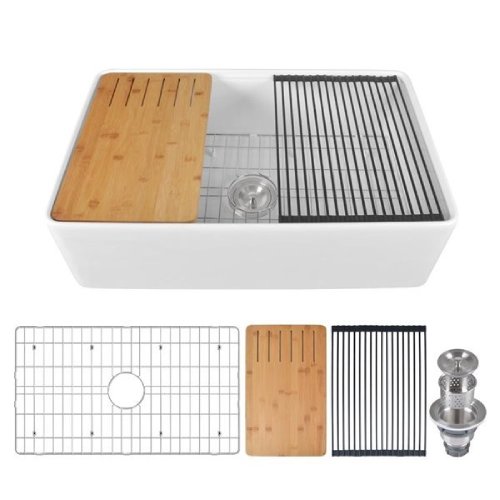 DeerValley 33" White Fireclay Farmhouse Workstation Kitchen Sink - P7