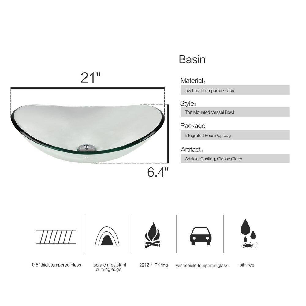 YOURLITE Glass Oval Vessel Sink in Clear with Chrome Faucet and Pop Up Drain Set - Image 3