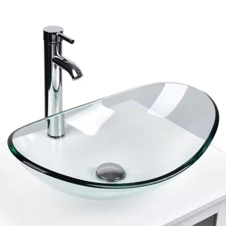 YOURLITE Glass Oval Vessel Sink in Clear with Chrome Faucet and Pop Up Drain Set